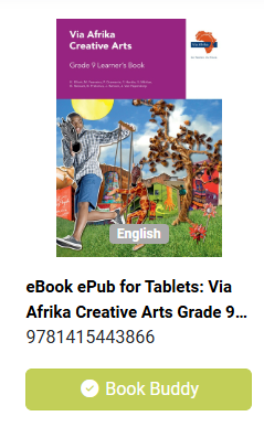 Cover of the eBook "Via Afrika Creative Arts Grade 9" with the language labeled as English. Below the cover is the title, ISBN number 9781415443866, and a green "Book Buddy" button.
