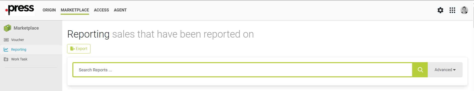 Marketplace Reporting screen displaying the title “Reporting sales that have been reported on,” with options to export data and search reports using a search bar with an advanced search dropdown.