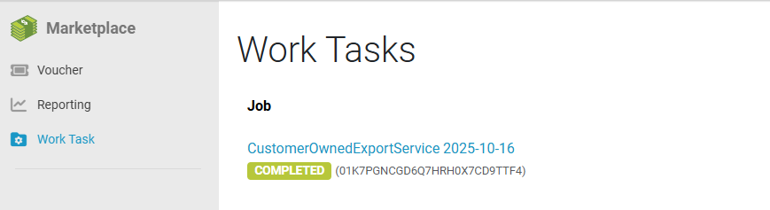 Marketplace Work Tasks screen displaying a completed job titled "CustomerOwnedExportService 2025-10-16" with a status badge labeled "COMPLETED" and a unique job ID.