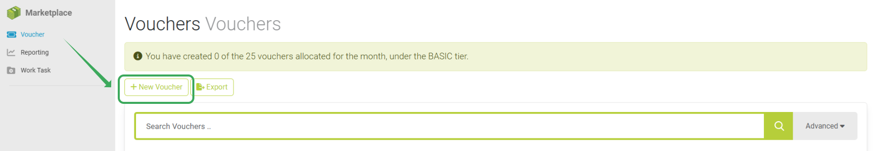 Marketplace Vouchers screen showing a notification that 0 of 25 vouchers have been created for the month under the BASIC tier. Buttons for “New Voucher” and “Export” appear above a search bar with an advanced search option.