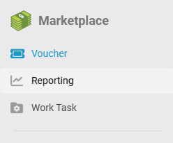 Marketplace menu showing three navigation options: Voucher (highlighted in blue with a voucher icon), Reporting (highlighted in white with a chart icon), and Work Task (greyed out with a gear icon).