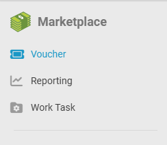 Marketplace menu showing three navigation options: Voucher (highlighted in blue with a voucher icon), Reporting (highlighted in white with a chart icon), and Work Task (greyed out with a gear icon).