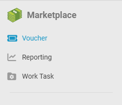 Marketplace menu showing three navigation options: Voucher (highlighted in blue with a voucher icon), Reporting (highlighted in white with a chart icon), and Work Task (greyed out with a gear icon).