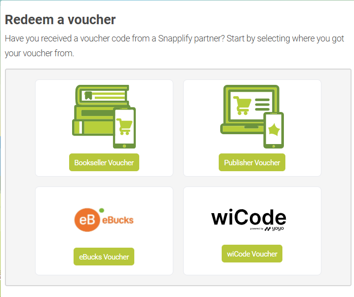 Voucher redemption screen with four options: Bookseller Voucher, Publisher Voucher, eBucks Voucher, and wiCode Voucher. Each option is represented by a distinct icon and green button, guiding users to select the source of their voucher code
