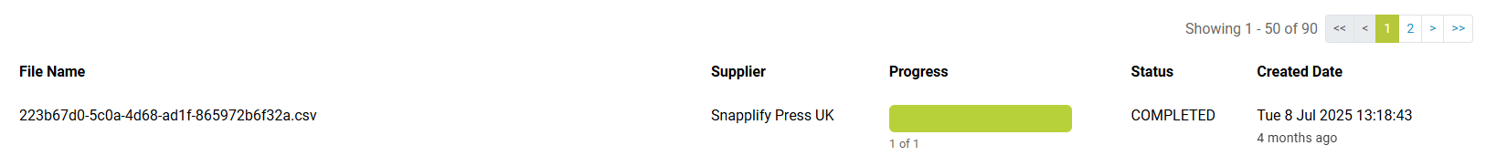File export listing showing a CSV file from Snapplify Press UK. The progress bar indicates 1 of 1 completed. Status is marked as COMPLETED,