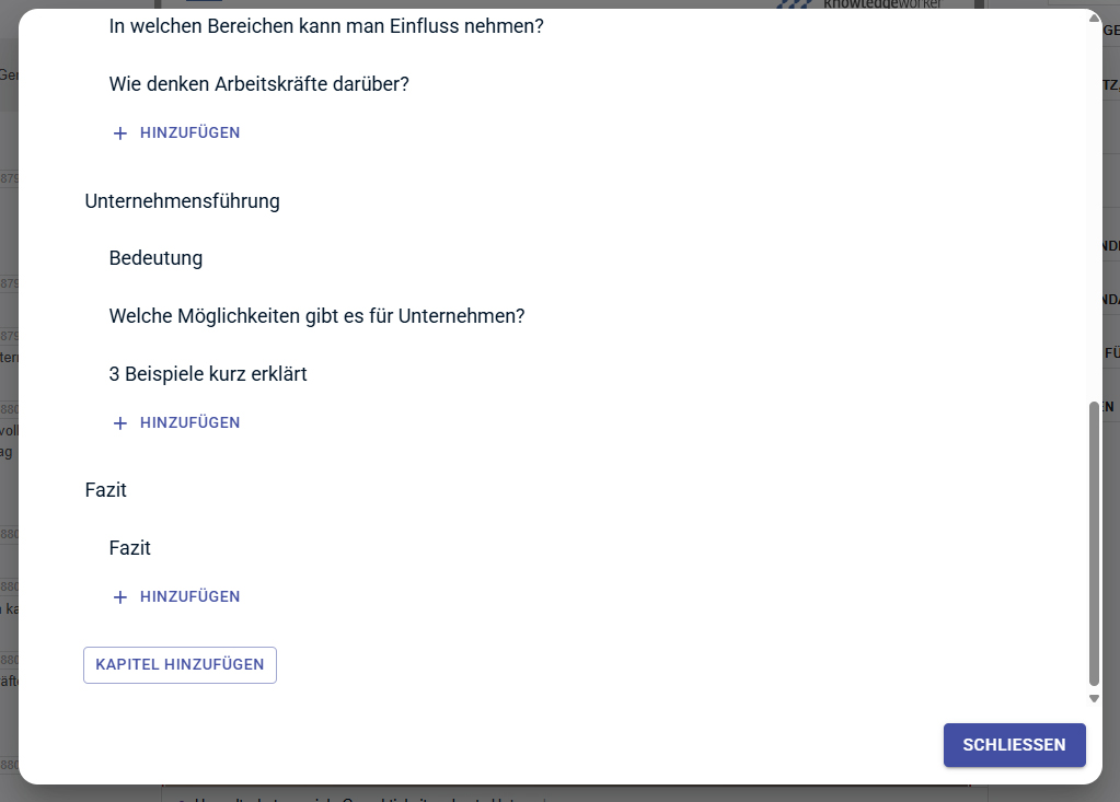 Kursstruktur-Editor mit Buttons Hinzufügen und Kapitel hinzufügen