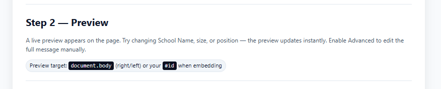 Snapplify WhatsApp Widget Setup – Step 2: Preview section showing instructions to view a live preview of the WhatsApp button based on changes to school name, size, and position. Preview targets include document.body or a custom ID for embedding.