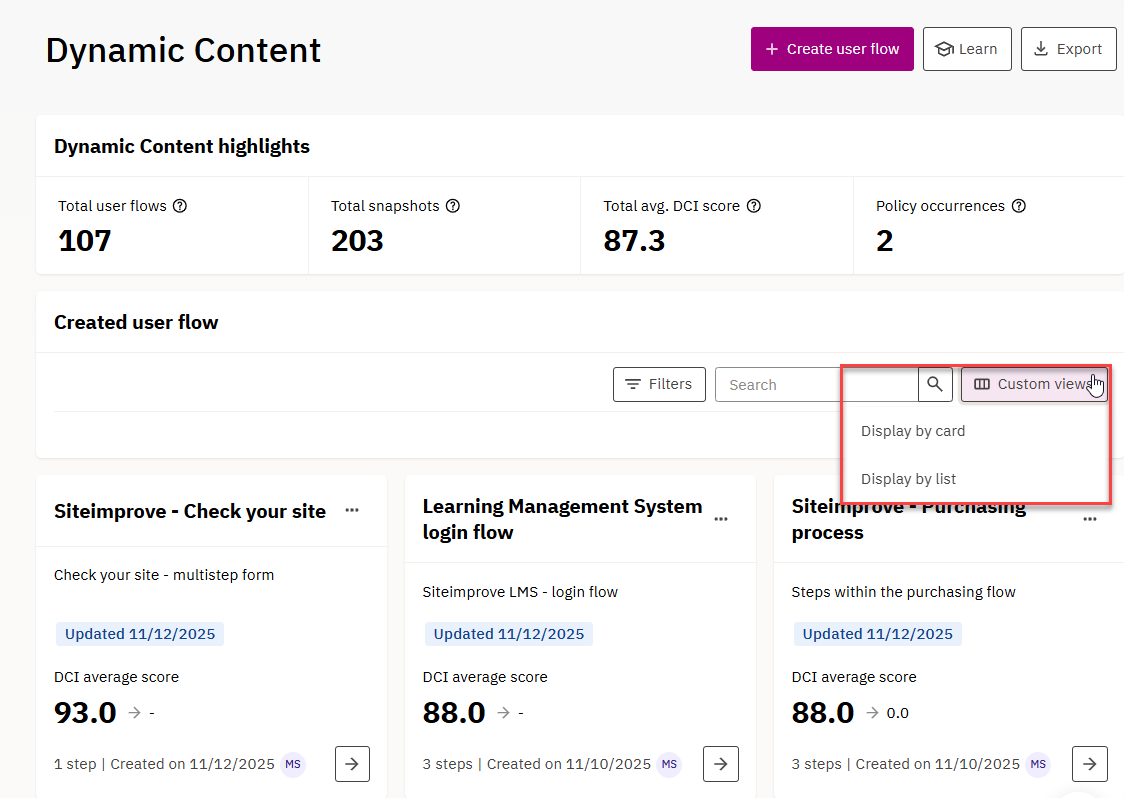 Custom views selection dropdown, with the two "Display by card" and " Display by list" options visible