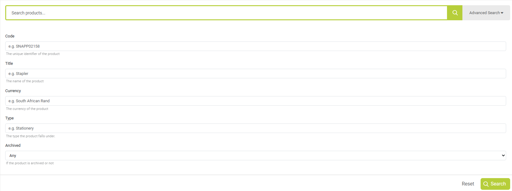 Advanced product search screen in Origin showing filters for code, title, currency, type, and archived status
