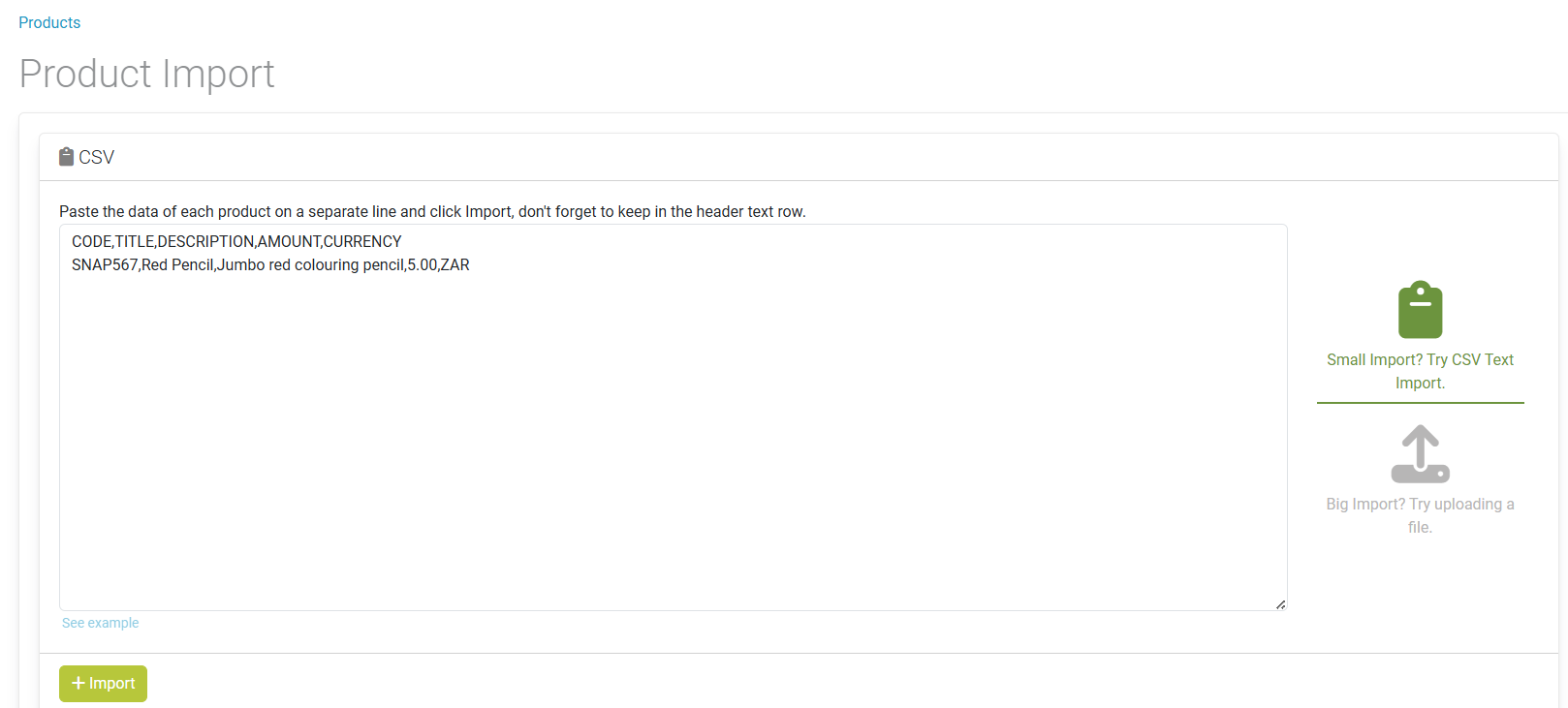 Origin Product Import screen showing CSV text area with sample product data and buttons for Small Import and Big Import options