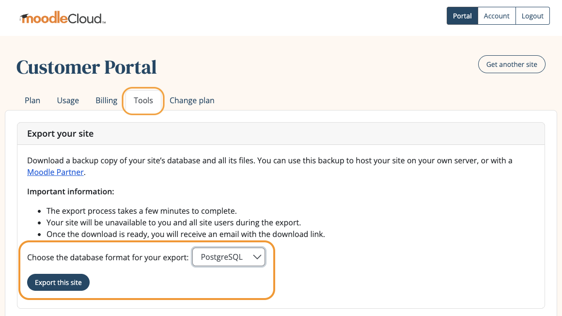 MoodleCloud Portal 'Tools' tab highlighting 'Export this site'.