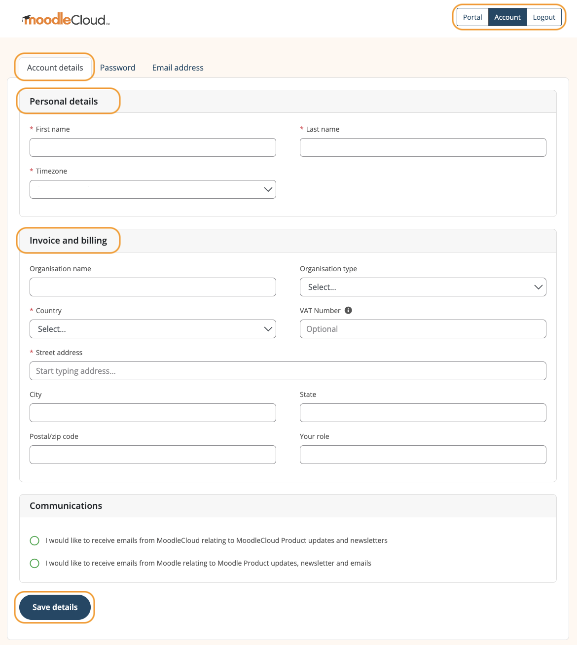 MoodleCloud Portal 'Account' section showing available fields for Account details.