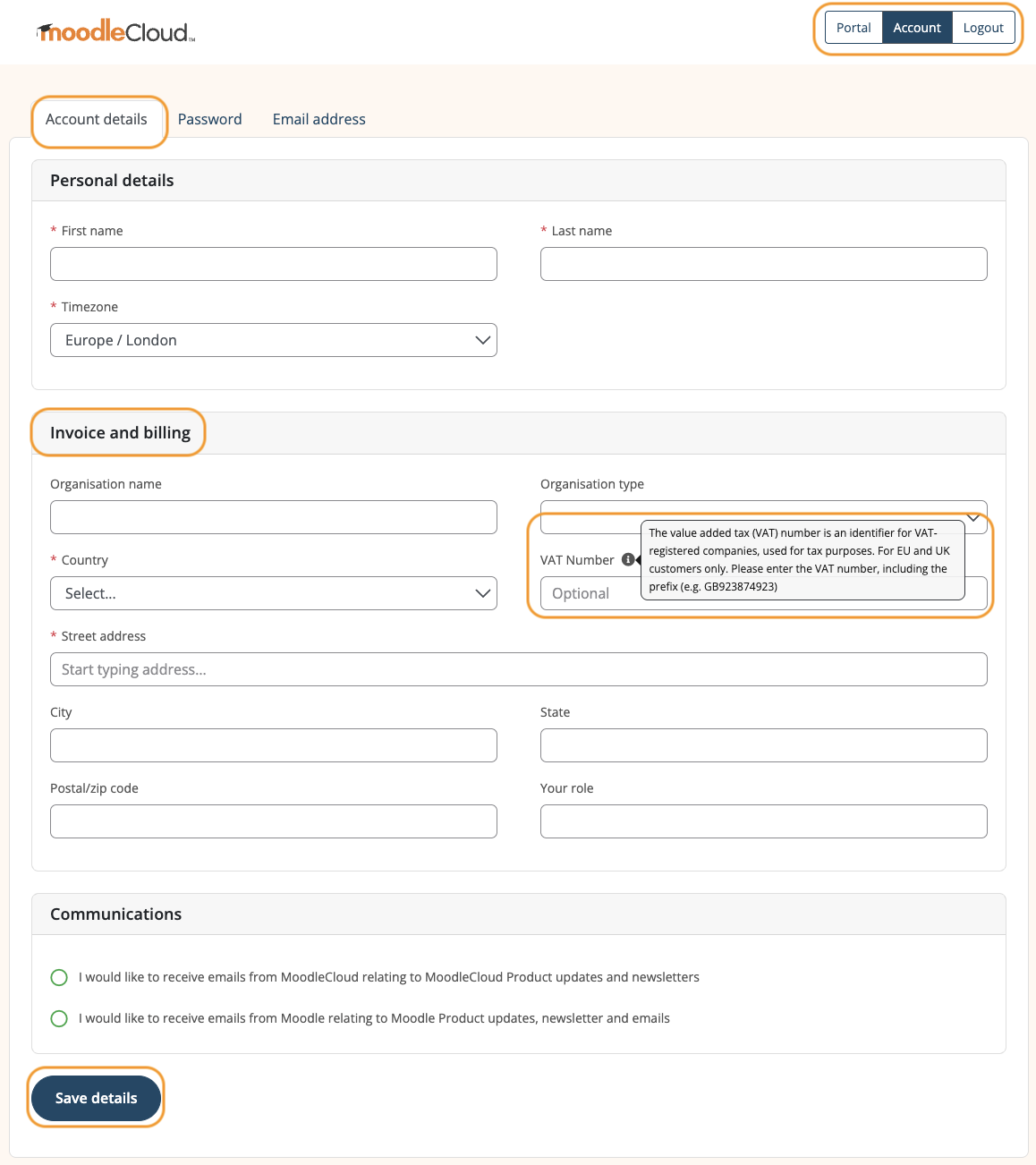 MoodleCloud Portal 'Account details' tab showing the 'VAT Number' field.