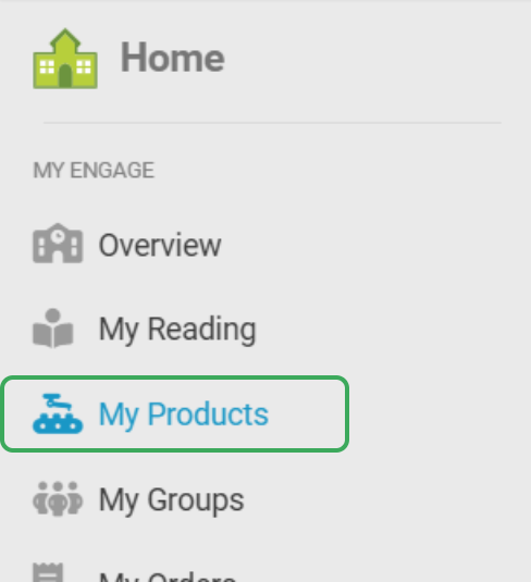 A dashboard menu showing the Home page with icons and links for Overview, My Reading, My Products, My Groups and My Orders under the My Engage section.