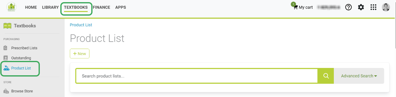 A Snapplify Textbooks page showing the Product List section with a New button and a search bar for searching product lists. The left sidebar includes links for Prescribed Lists, Outstanding, Product List and Browse Store. The top navigation menu displays Home, Library, Textbooks, Finance and Apps, along with user account icons and a cart summary.