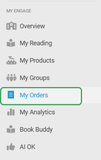 A sidebar menu under the My Engage section showing options: Overview, My Reading, My Products, My Groups, My Orders, My Analytics, Book Buddy and AI OK, each with its own icon.
