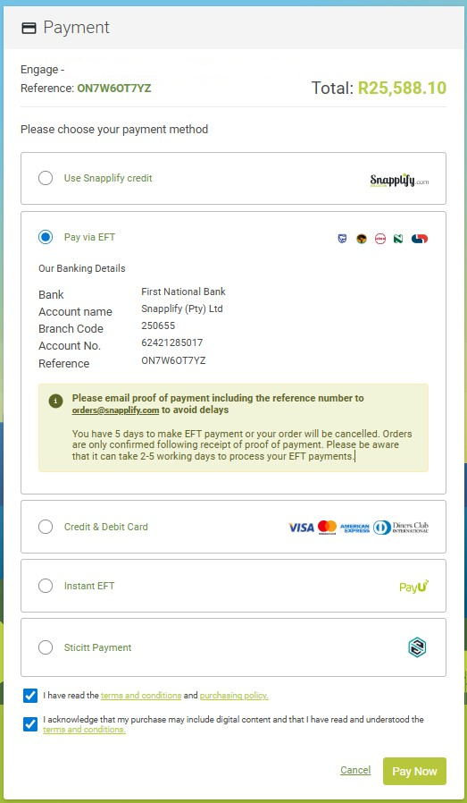 Payment screen in Engage showing multiple payment options including Snapplify credit, EFT, credit and debit card, Instant EFT, and Sticitt Payment. EFT option is selected, displaying bank details and a note instructing users to email proof of payment to avoid delays. Total amount due is R25,588.10, and a yellow 'Pay Now' button is at the bottom right.