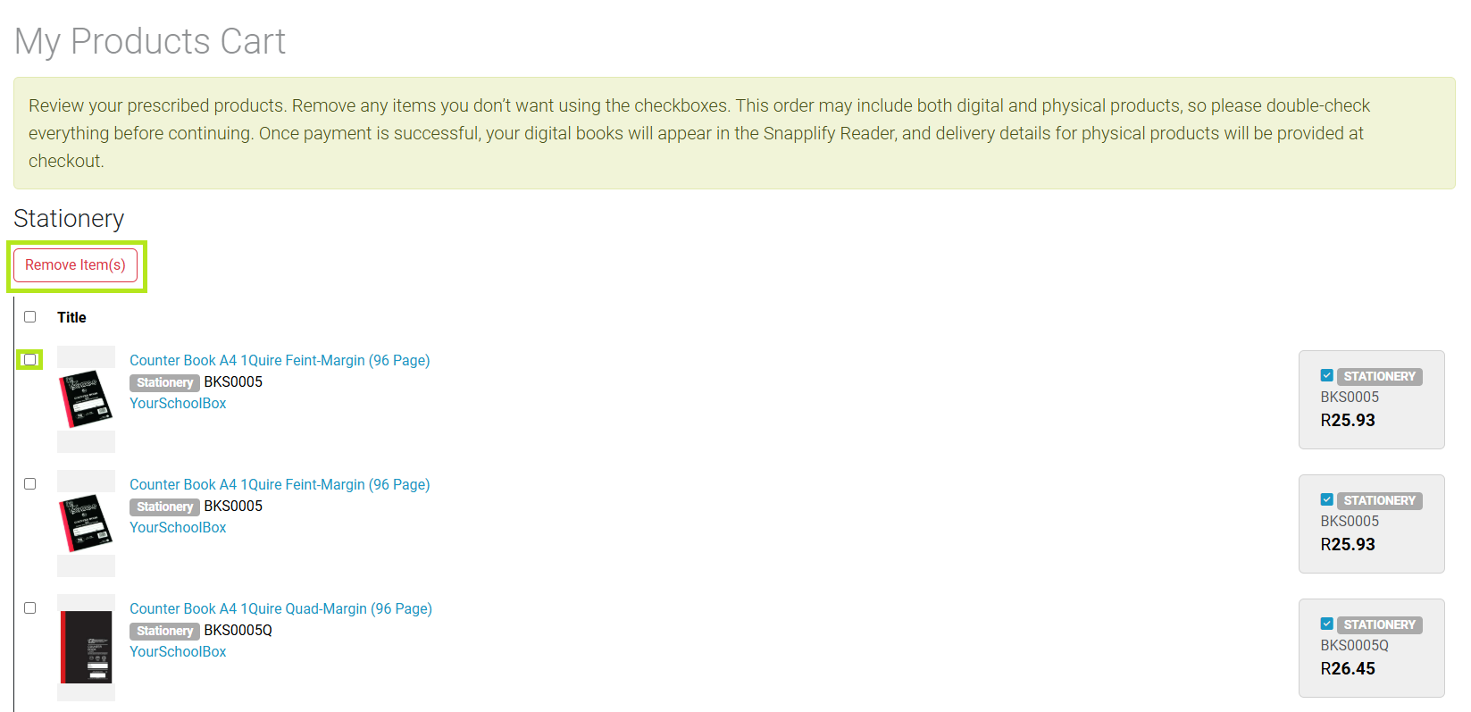 Engage dashboard showing the 'My Products' section with a list of stationery items. Several items are selected using checkboxes on the right, and a red 'Remove Item(s)' button is displayed at the top to delete selected products from the cart.