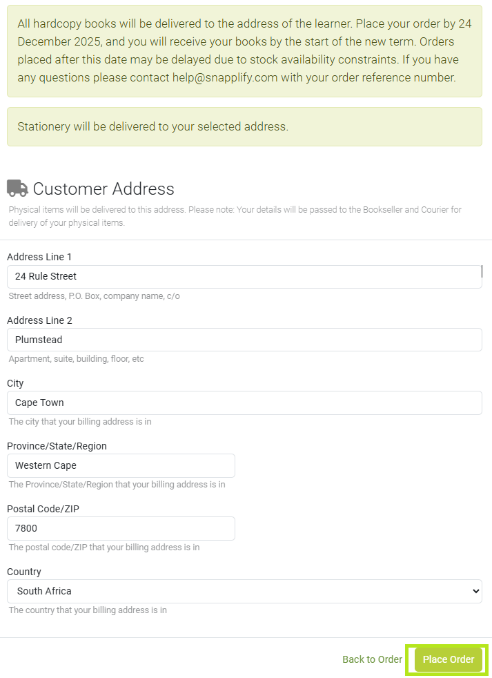 Delivery address form in Engage with a notice about hardcopy book delivery deadlines. Users must enter their address details including city, postal code, and country. A yellow-highlighted button labeled 'Place Order' is visible at the bottom right.