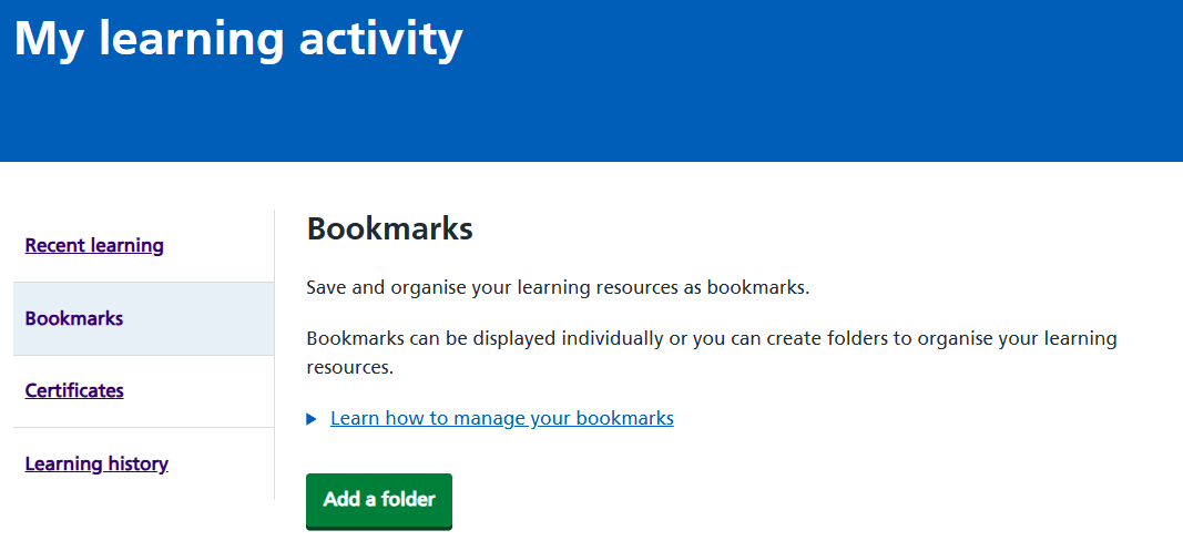 Bookmarks tab under My learning activity.