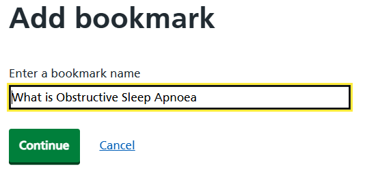 Editable field for naming the bookmark, followed by selectable buttons to continue or cancel.