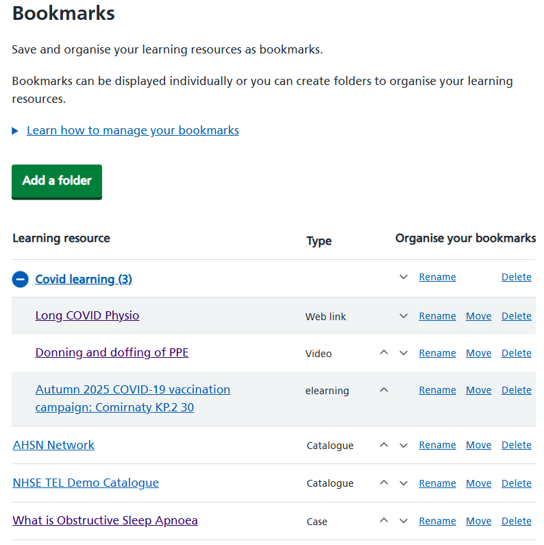 Bookmarks tab with several bookmarks listed. Above the bookmarks there is a green button to add a folder. To the right of each bookmark are the options for ordering, renaming, moving or deleting.