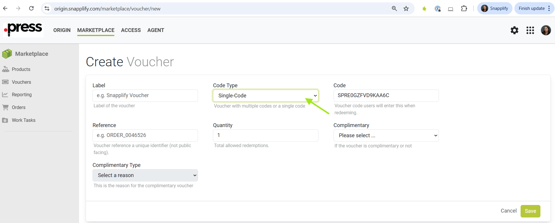 Origin Enterprise voucher creation screen showing fields for label, code type selection (Single‑Code or Multi‑Code), reference, quantity and complimentary options