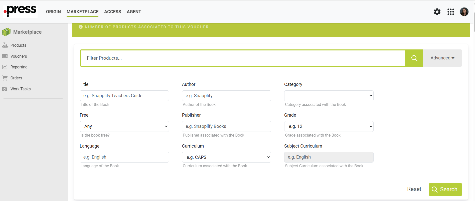 Origin add products view including advanced search options to filter and locate specific products to include in the voucher.