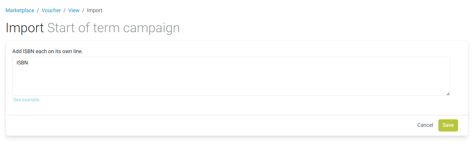 Import Start of term campaign page with a text field to enter ISBNs one per line, plus Cancel and Save buttons.