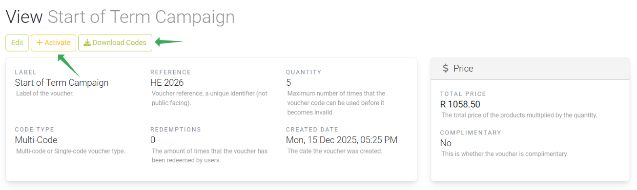 View Start of Term Campaign voucher page showing action buttons for Edit Activate and Download Codes along with voucher details such as label reference quantity price and redemption status.