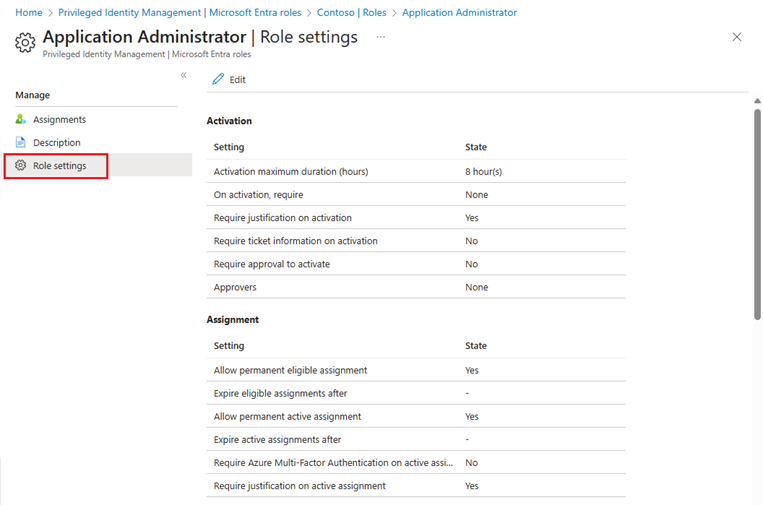 Screenshot that shows the Role settings page with options to update assignment and activation settings.