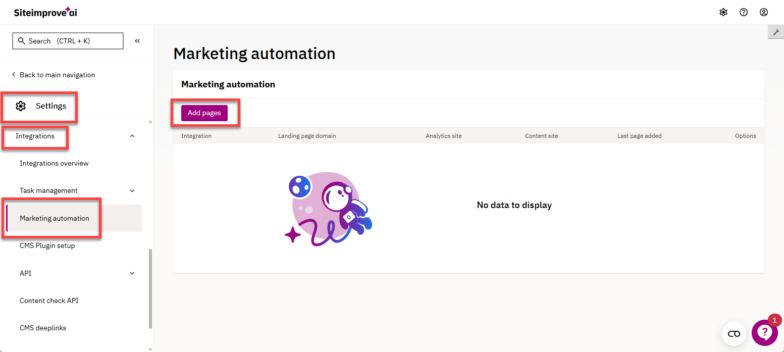Screenshot of Settings > Integrations > Marketing automation
