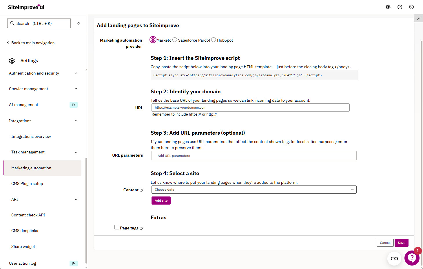 Screenshot of landing page integration configurations options