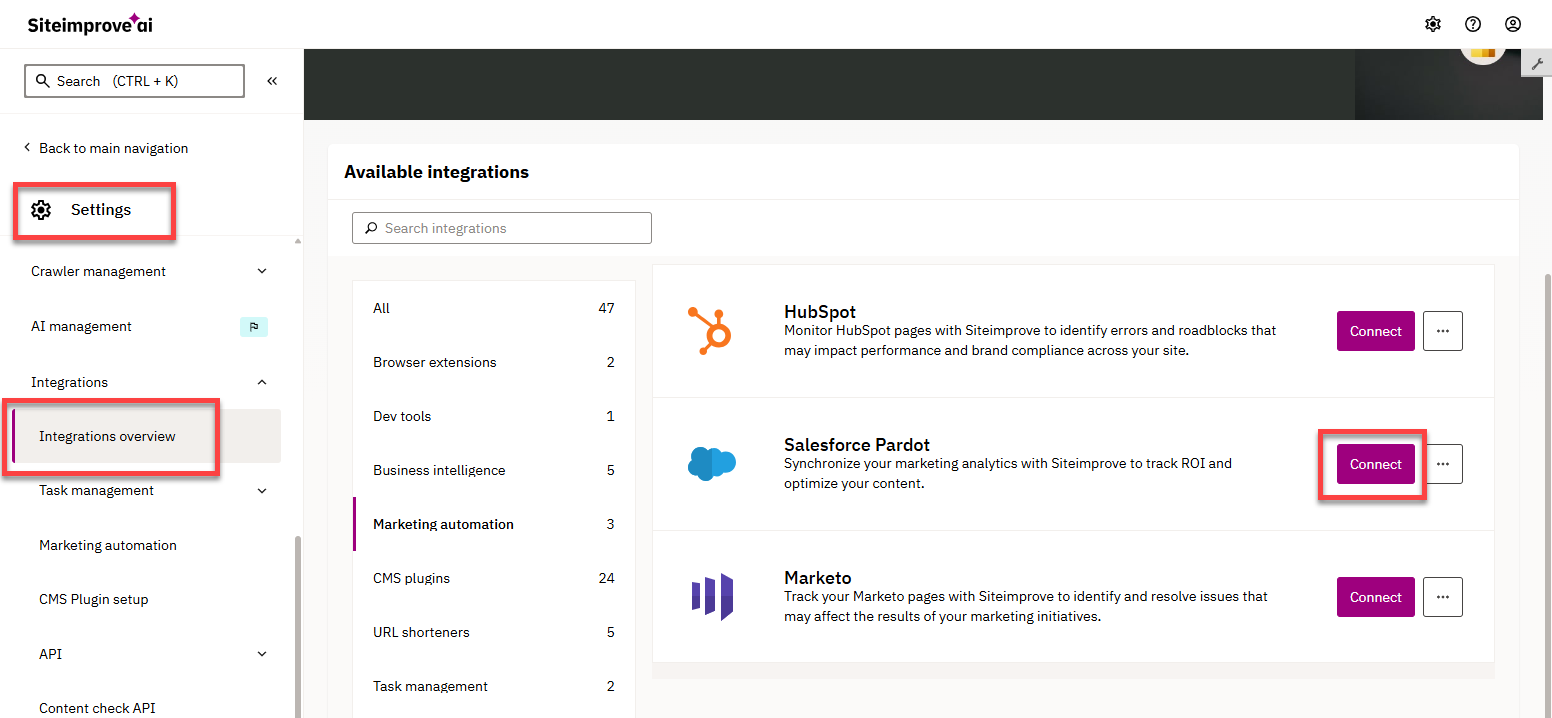 Screenshot of Settings > Integrations Overview > Connect