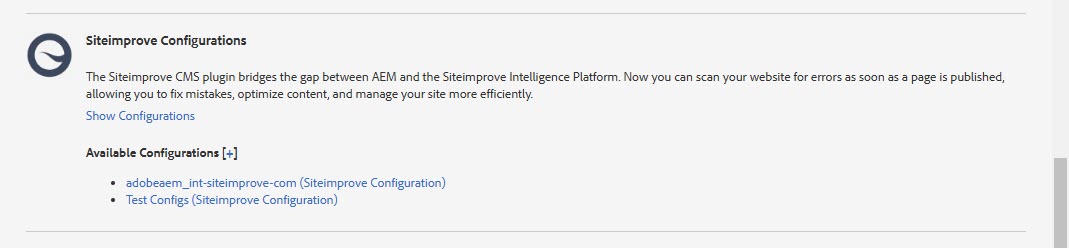 Screenshot of Siteimprove Configurations expanded out
