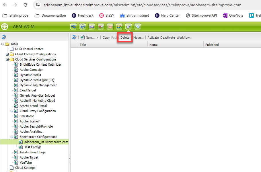 Screenshot of Siteimprove Configurations highlighting the delete option