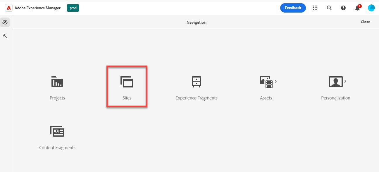Screenshot of selecting the Sites Console in AEM