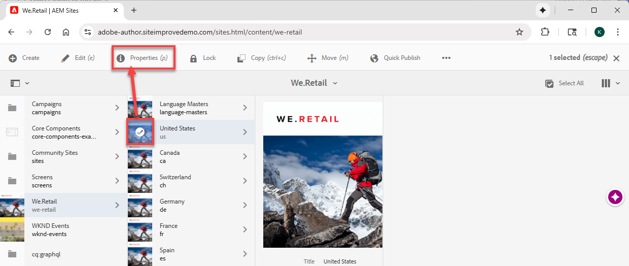 Screenshot of selecting a directory then Page Properties