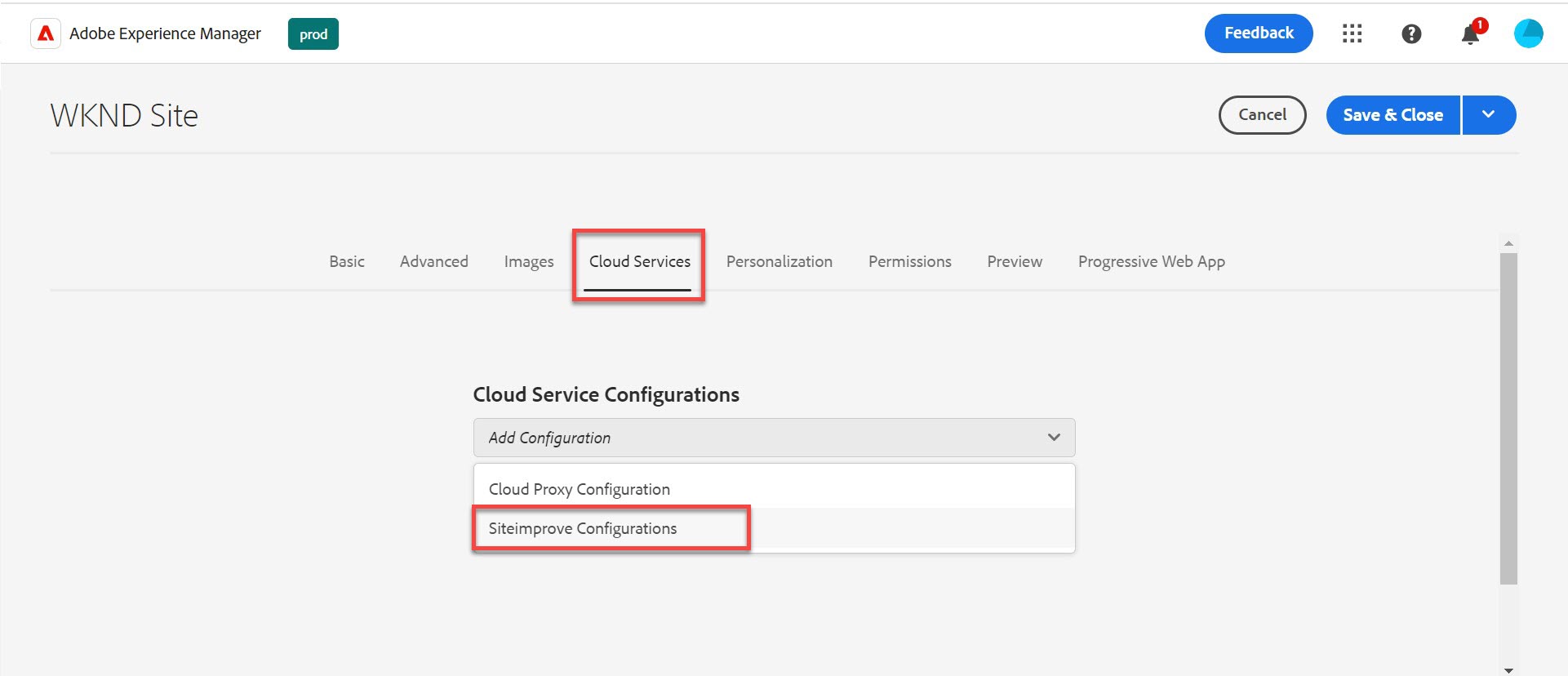 Screenshot of selecting the Cloud Services option and adding the Siteimprove Configuration