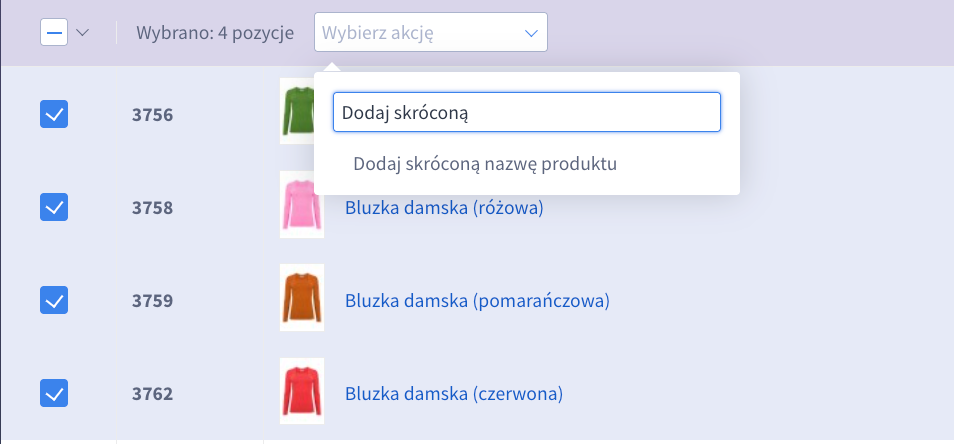 Masowa akcja - Dodaj skróconą nazwę produktu