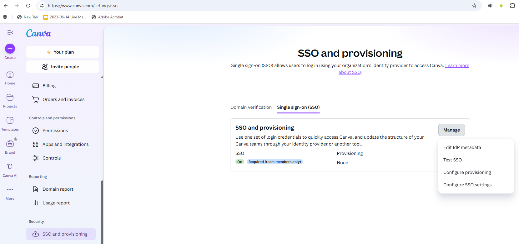 Canva SSO and provisioning settings page showing the "Manage" dropdown menu with options to Edit IdP metadata, Test SSO, Configure provisioning, and Configure SSO settings.
