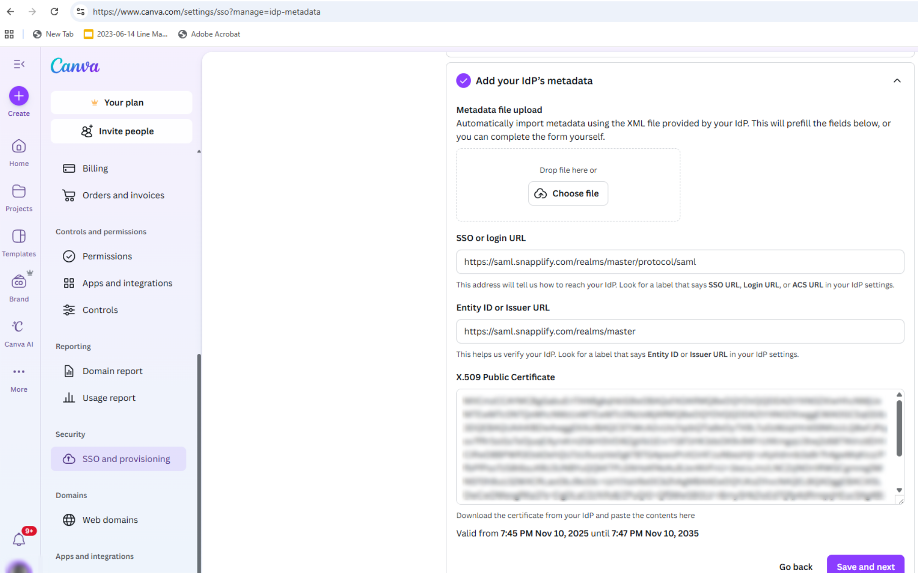 Canva SSO settings screen showing fields to add the IdP’s metadata, including SSO or login URL, Entity ID or Issuer URL, and X.509 Public Certificate. Snapplify values are filled in for each field.