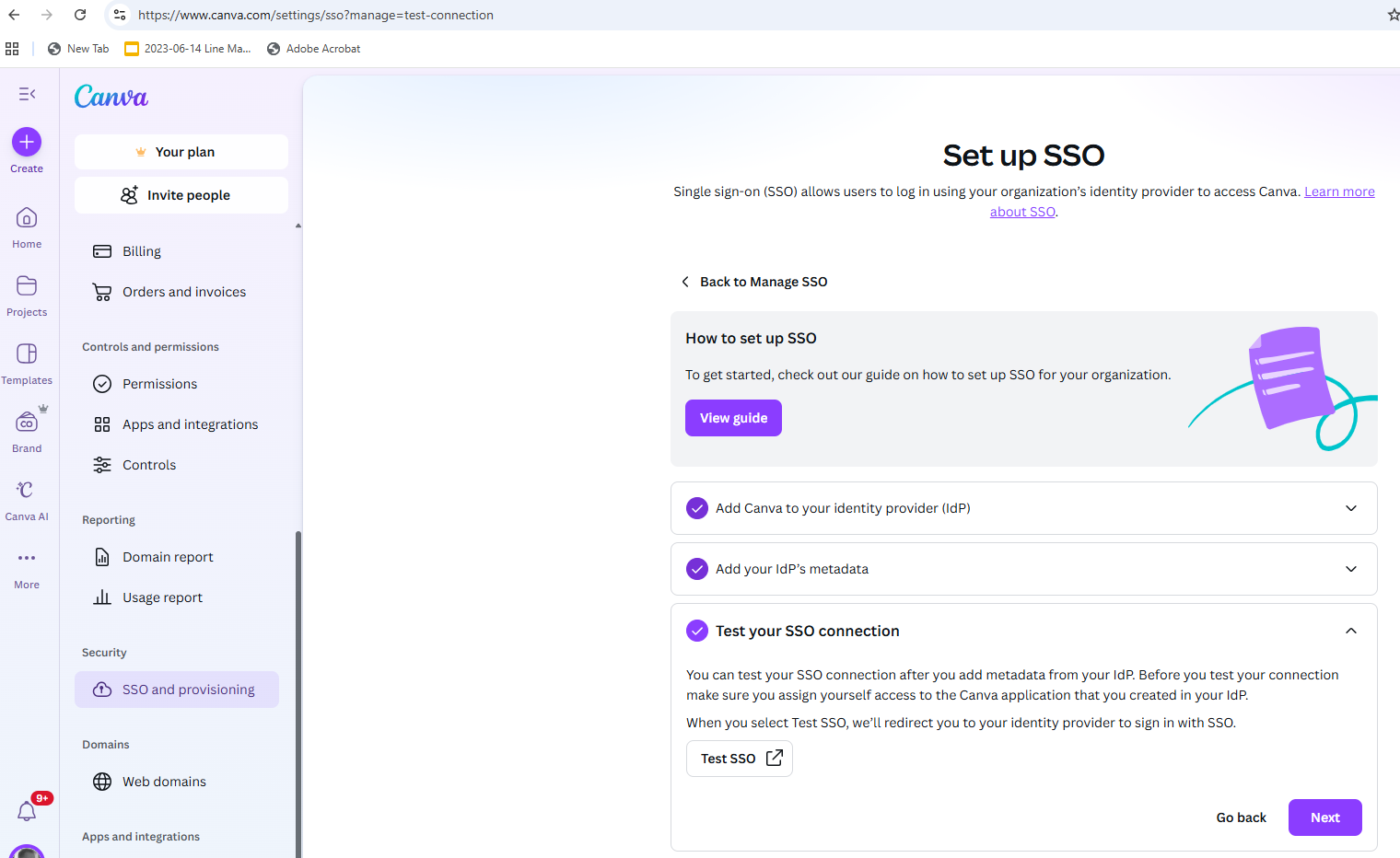 Canva's "Set up SSO" page displaying the steps to connect Canva to an identity provider, add IdP metadata, and test the SSO connection. The “Test SSO” button is visible, along with the “Next” and “Go back” navigation buttons.