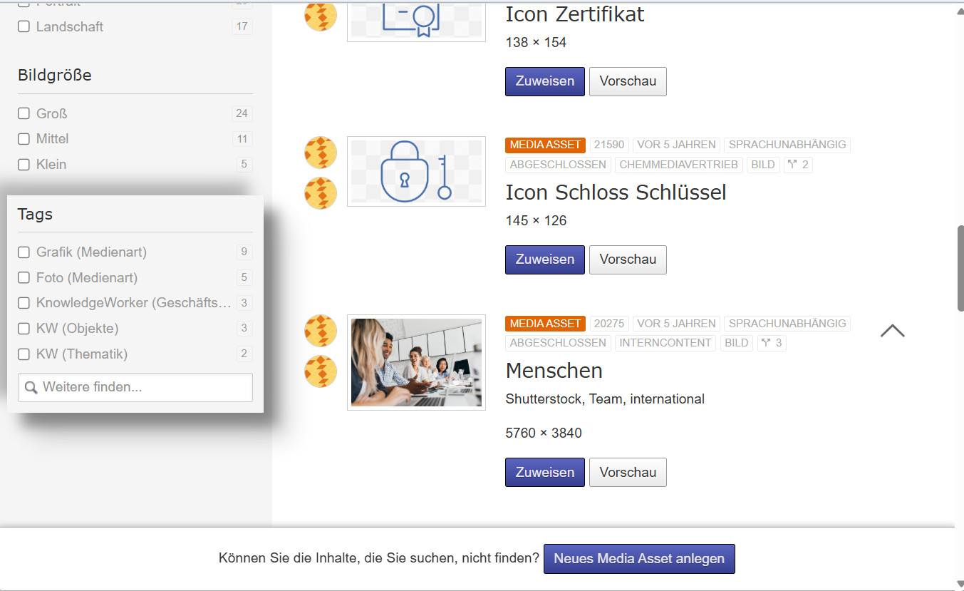 Mediensuche in der Medienbibliothek mit Filter Tags