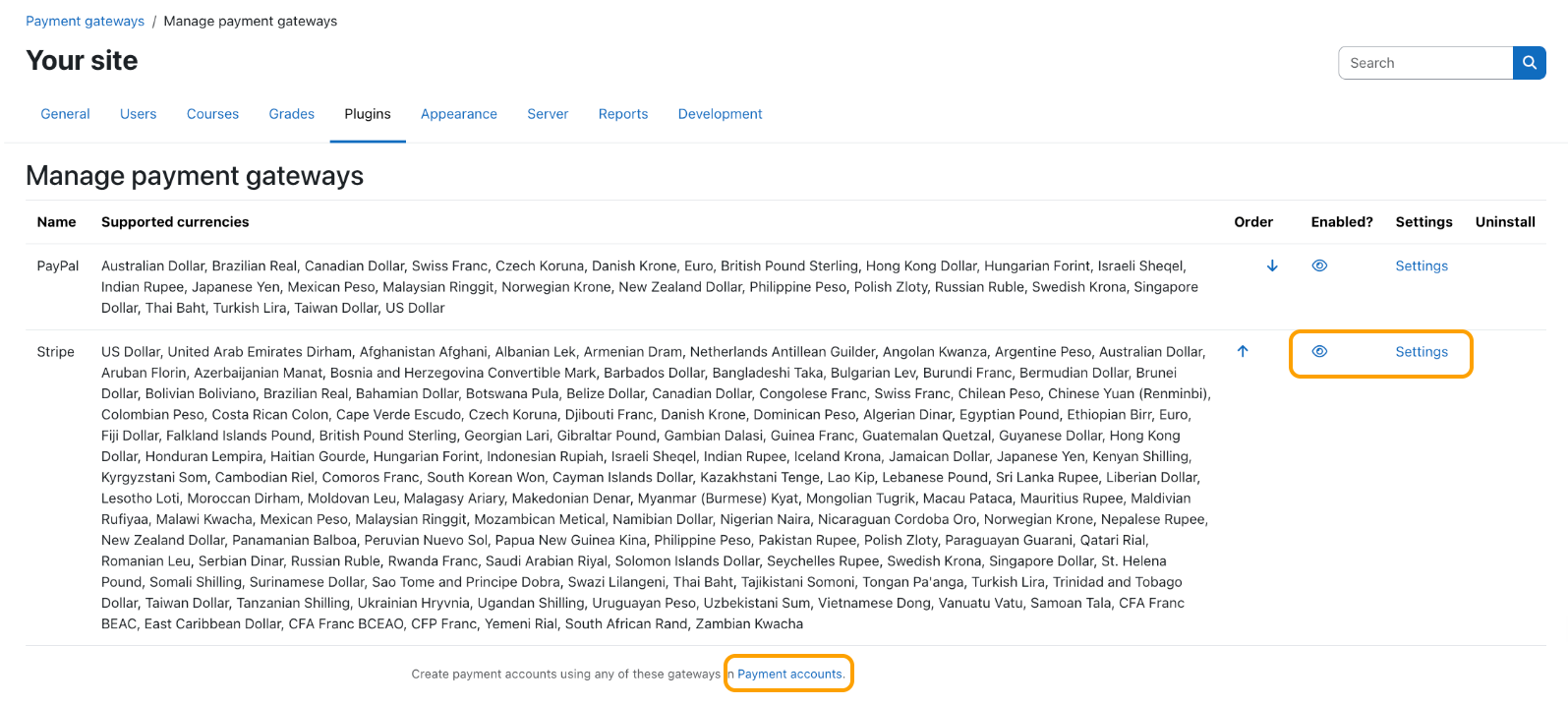 Manage payment gateway page highlighting link to Stripe gateway plugin settings