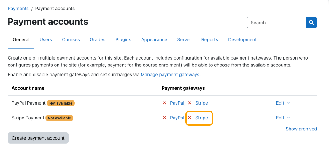 Payment Accounts page highlighting link to configure Stripe payment account