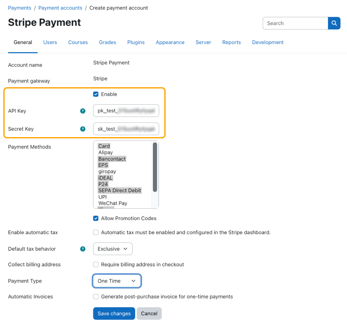 New Stripe payment account configuration page highlighting required API keys