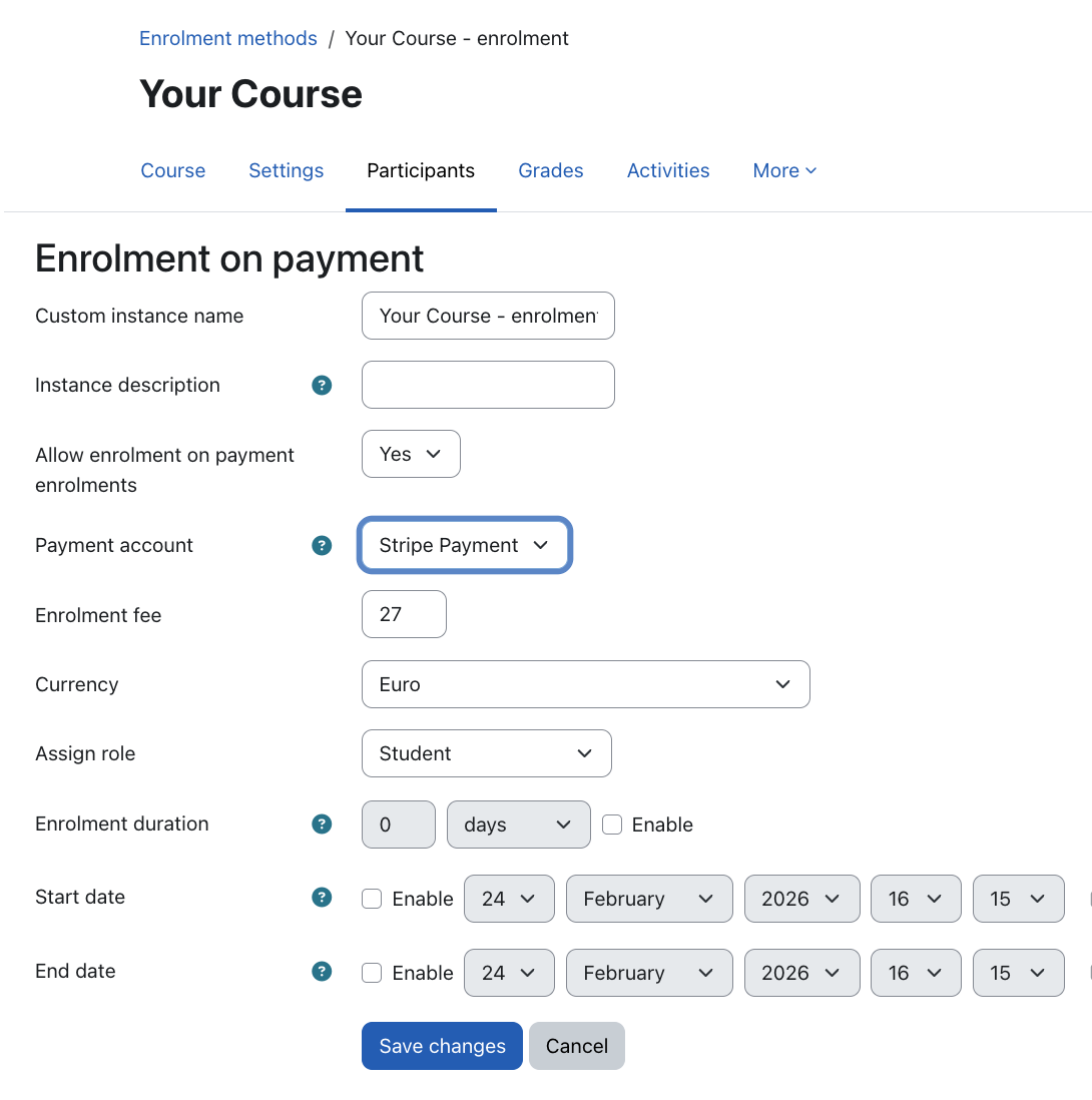 Enrolment on payment settings in a course