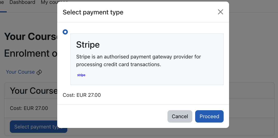 Select payment type page, showing Stripe selected