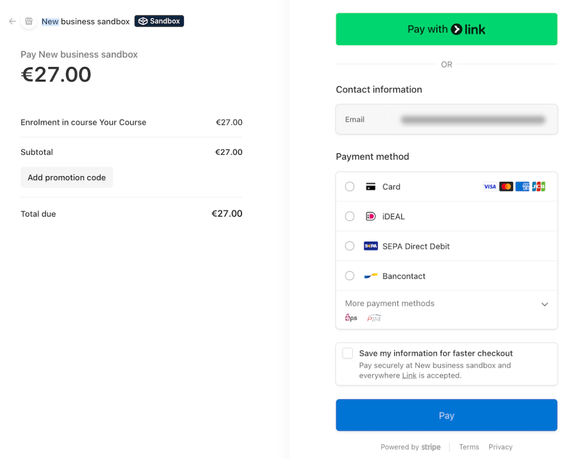 The payment selection page, showing the course amount and list of payment method options to choose from